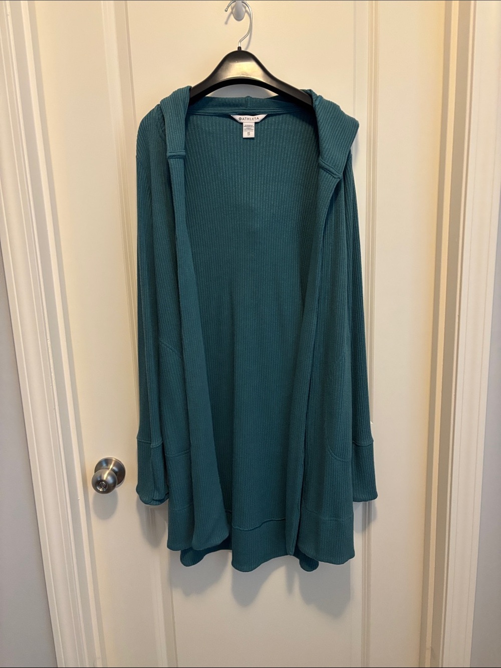 Athleta Teal Hooded Open-Front Ribbed Cardigan